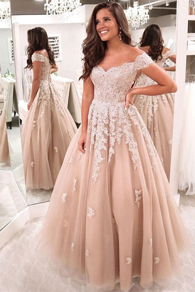 Unthony - Off the Shoulder Champagne Lace Long Prom Dress