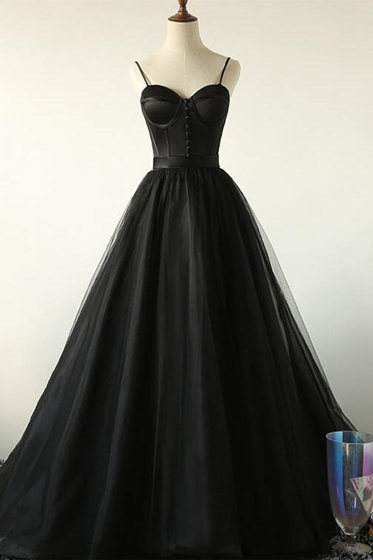 Unthony - Sweetheart Neck Black Tulle Long Prom Dress