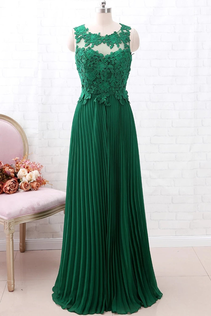 Unthony - A Line Round Neck Green Lace Long Prom Dress Bridesmaid Dress