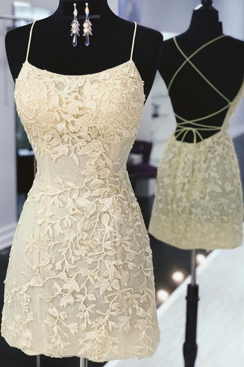Unthony - Cute Backless Yellow Lace Short Prom Dress
