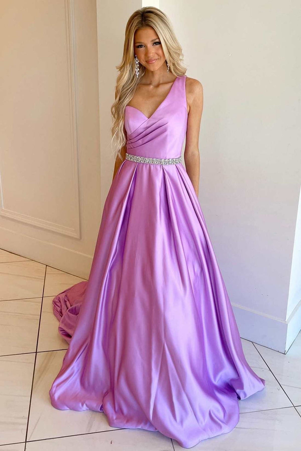 Unthony - One Shoulder Purple Satin Long Prom Dress with Belt