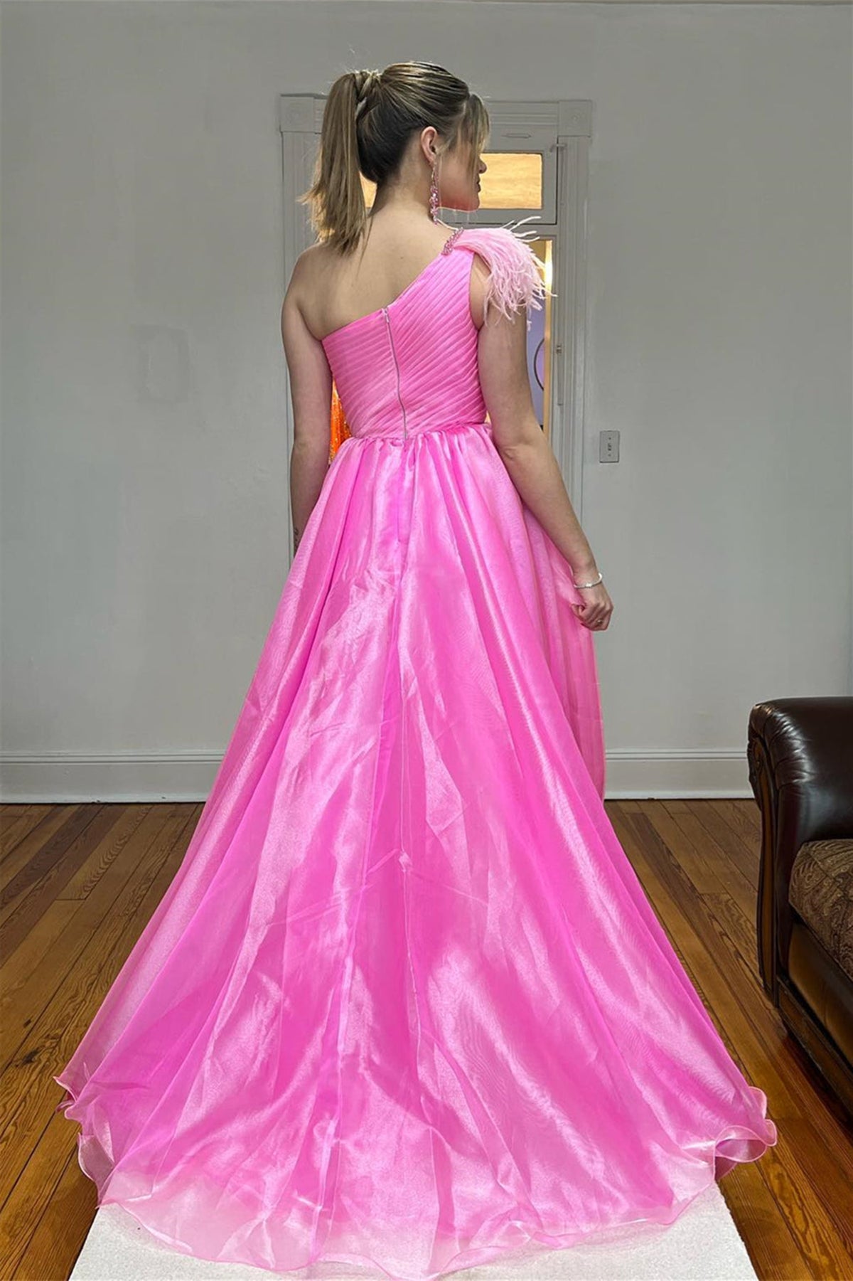 Unthony - One Shoulder Pink Tulle Long Prom Dress