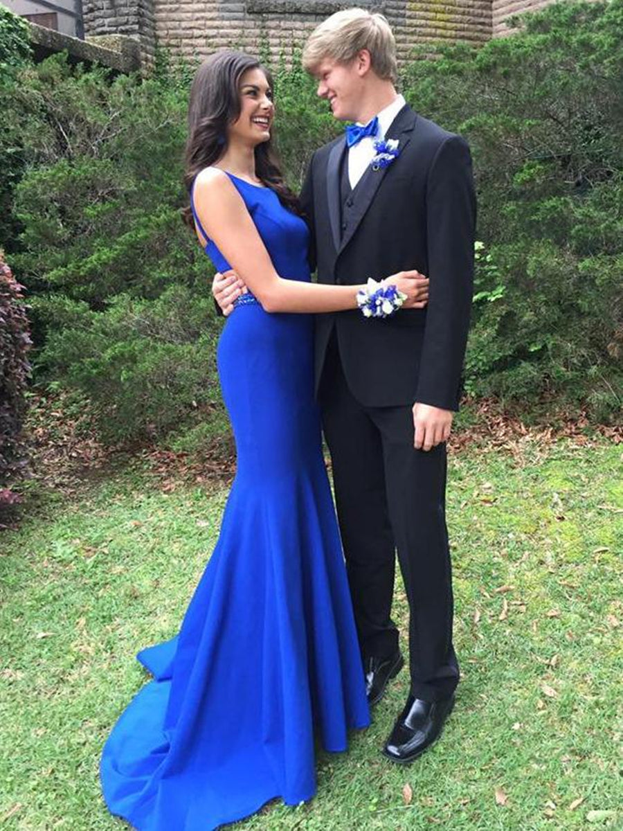 Unthony - Sexy Royal Blue Mermaid Scoop Neck Long Prom Dresses with Sweep Train