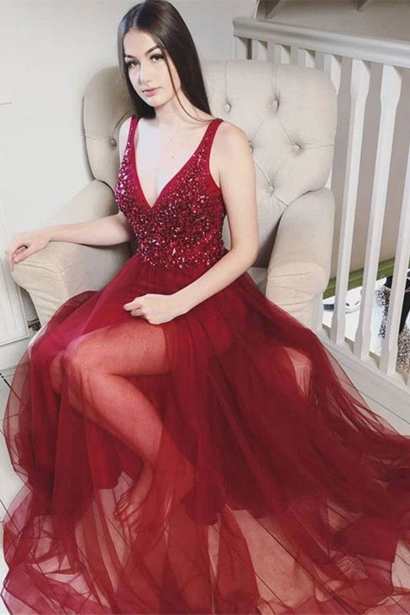 Unthony - A Line V Neck Sequins Burgundy Tulle Long Prom Dress with Beadings