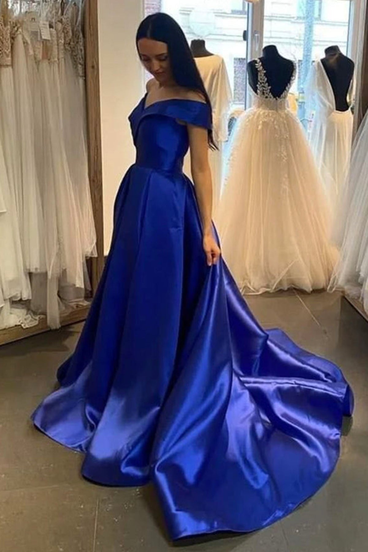 Unthony - Off Shoulder Royal Blue/Purple/White Long Prom Dress