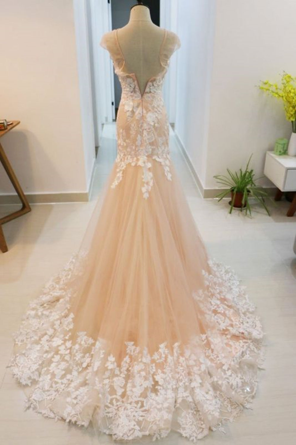 Unthony - Round Neck Mermaid Champagne Lace Long Prom Dress