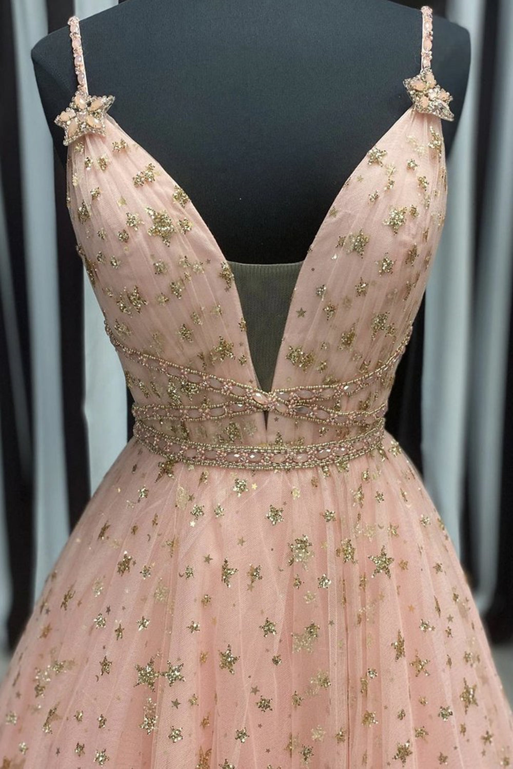 Unthony - Stylish V Neck Pink Long Prom Dress with Stars Sequins