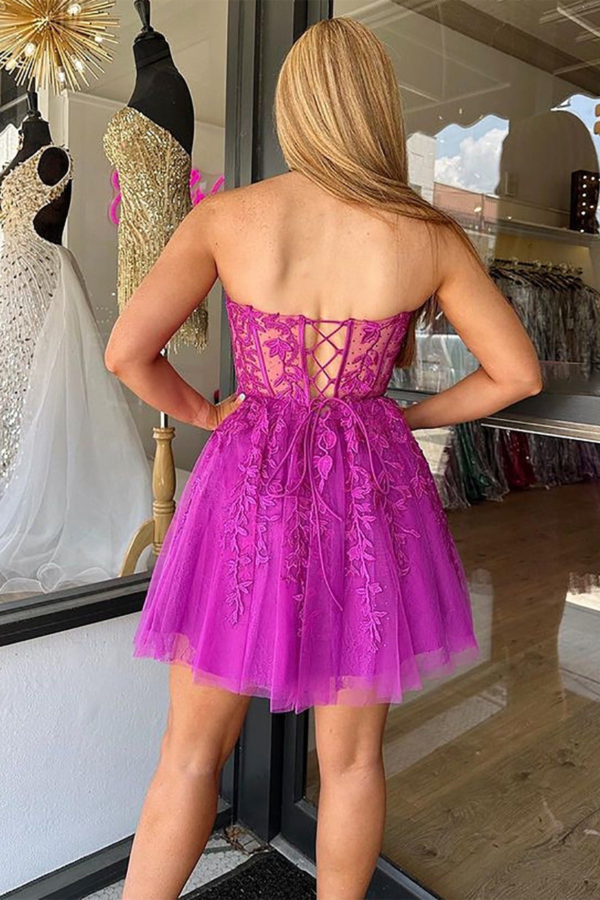 Unthony - Strapless Fuchsia Lace Prom Dress