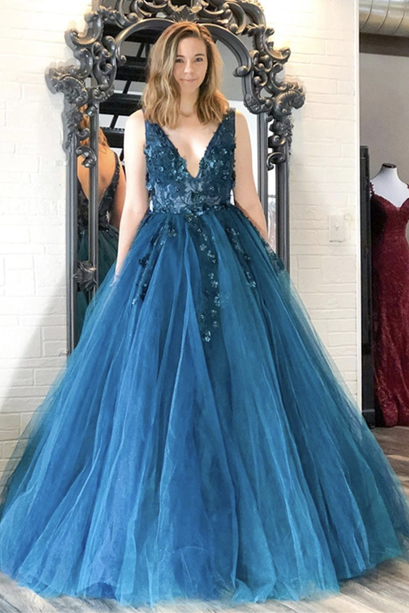 Unthony - V Neck Blue Lace Appliques Long Prom Dress