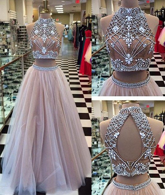 Unthony - Two Pieces High-Neck Beaded Tulle Long  Champagne Prom Dresses