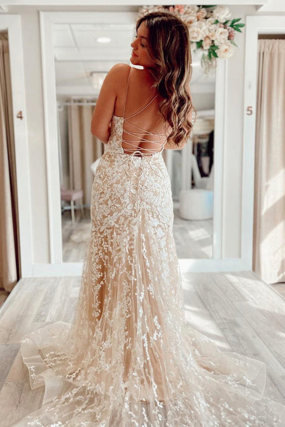 Unthony - Mermaid Backless Champagne Lace Long Prom Dress