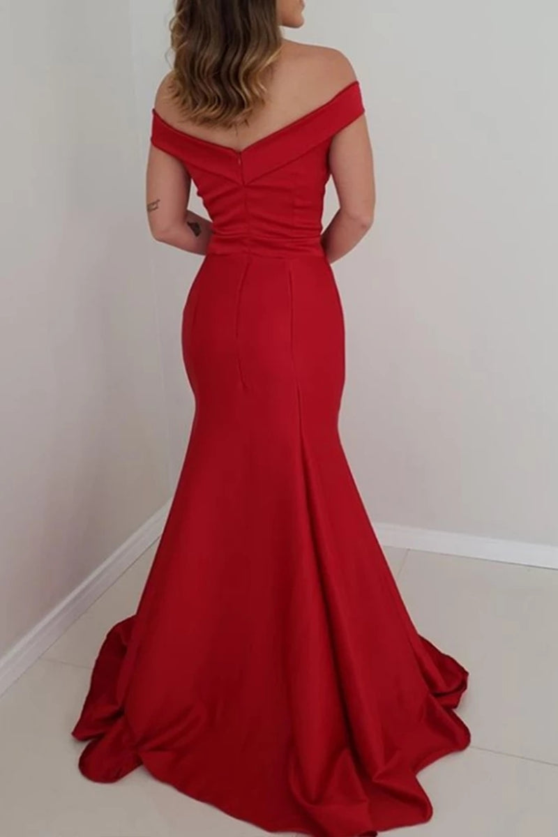 Unthony - Red Off Shoulder Mermaid Satin Long Prom Dress with Side Slit