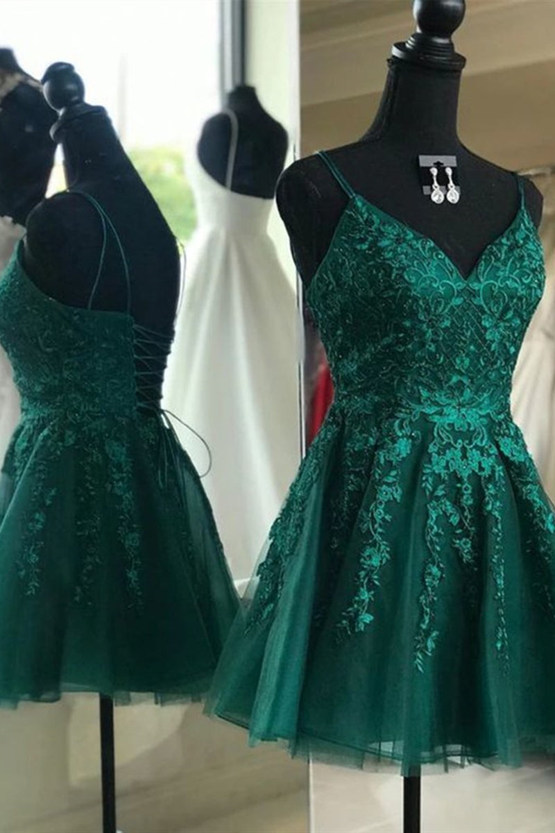 Unthony - Cute A Line V Neck Backless Green Lace Prom Dress