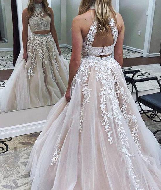 Unthony - Two Pieces Lace Applique Tulle Long Champagne Prom Dress