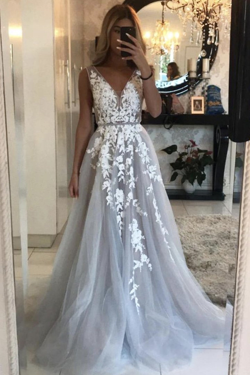Unthony - V Neck Gray Lace Long Prom Dress