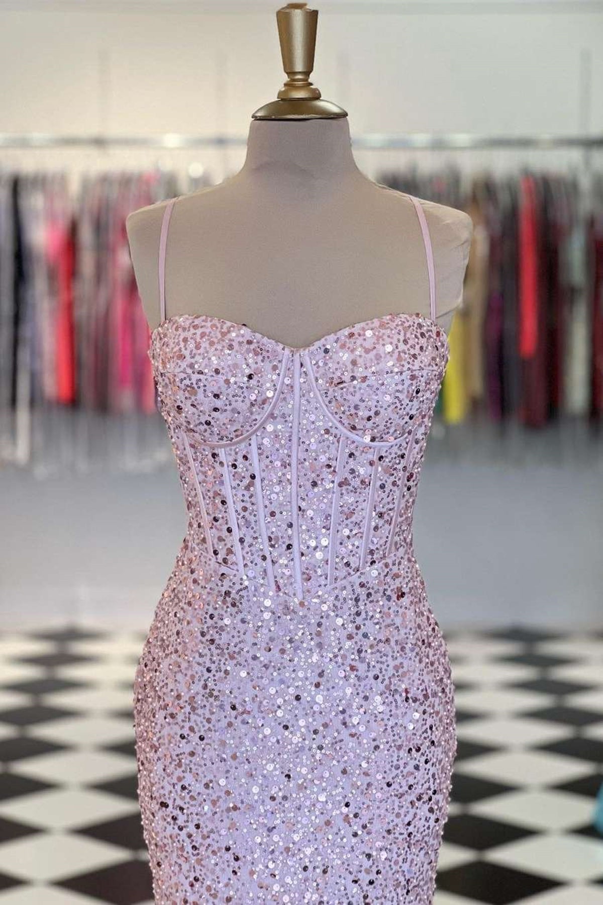 Unthony - Shiny Sequins Mermaid Pink Long Prom Dress