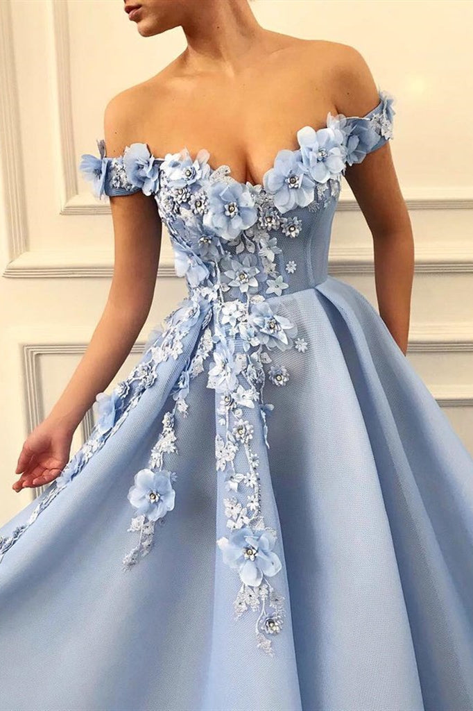 Unthony - Off Shoulder Baby Blue Lace Long Floral Prom Dress