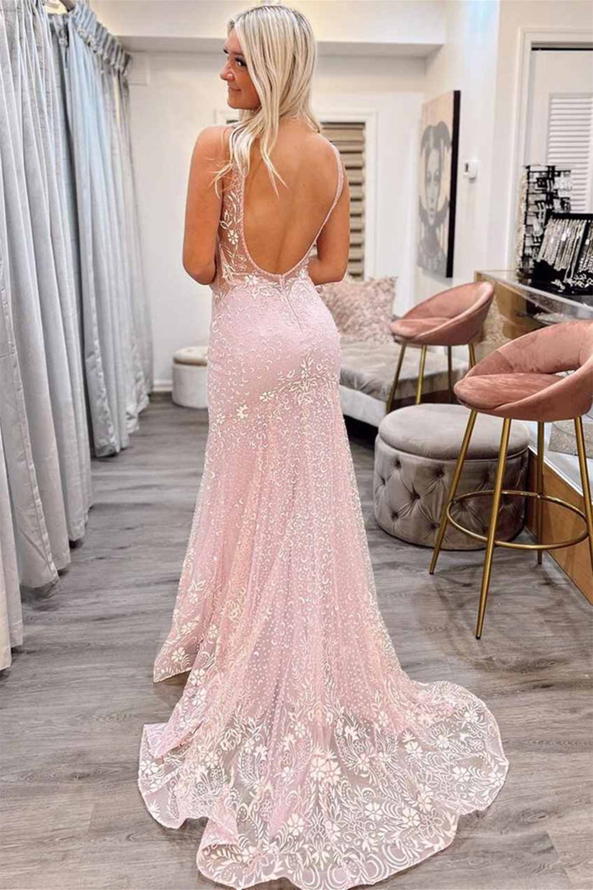 Unthony - V Neck Mermaid Backless Pink Lace Long Prom Dress