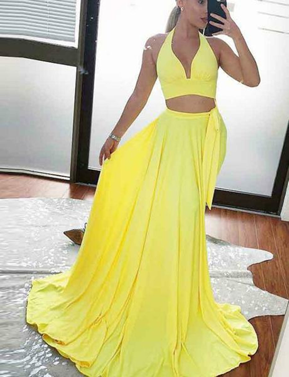 Unthony - V Neck Two Pieces Yellow Long Prom Dresses with High Slit