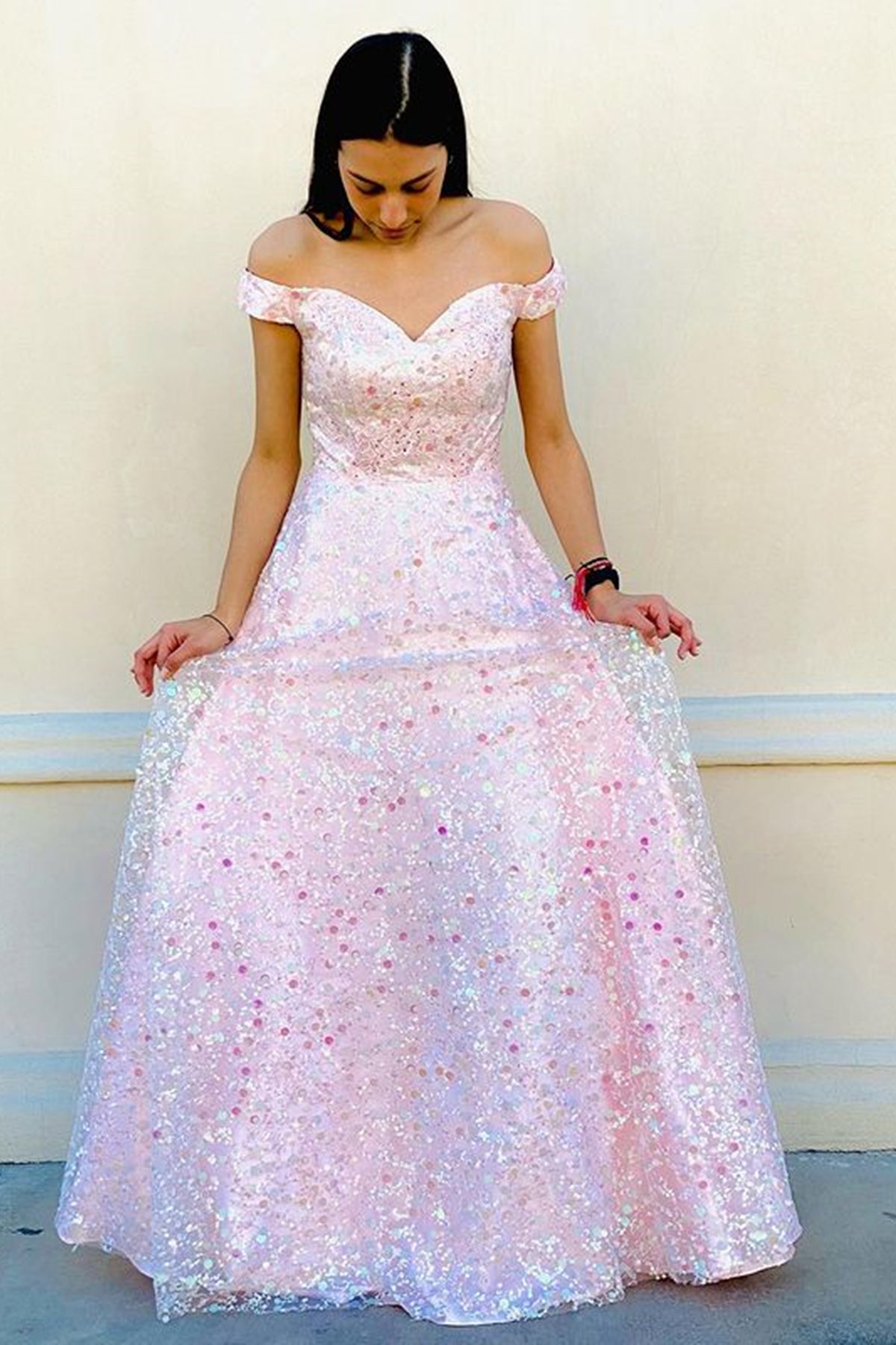 Unthony - Gorgeous Off Shoulder Pink Lace Floral Long Prom Dress