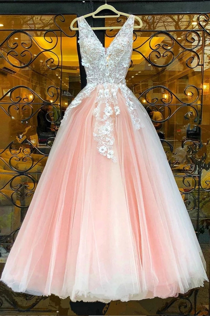 Unthony - V Neck Pink Lace Appliques Long Sweet 16 Prom Dress
