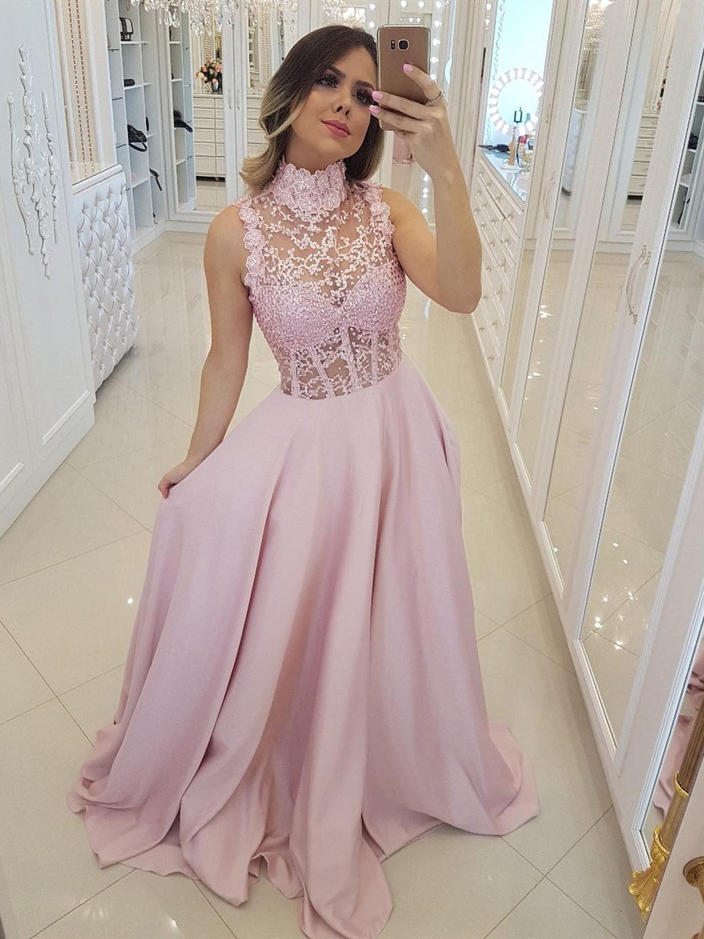 Unthony - Pink High Neck Lace Beaing Satin Long Prom Dresses 2019