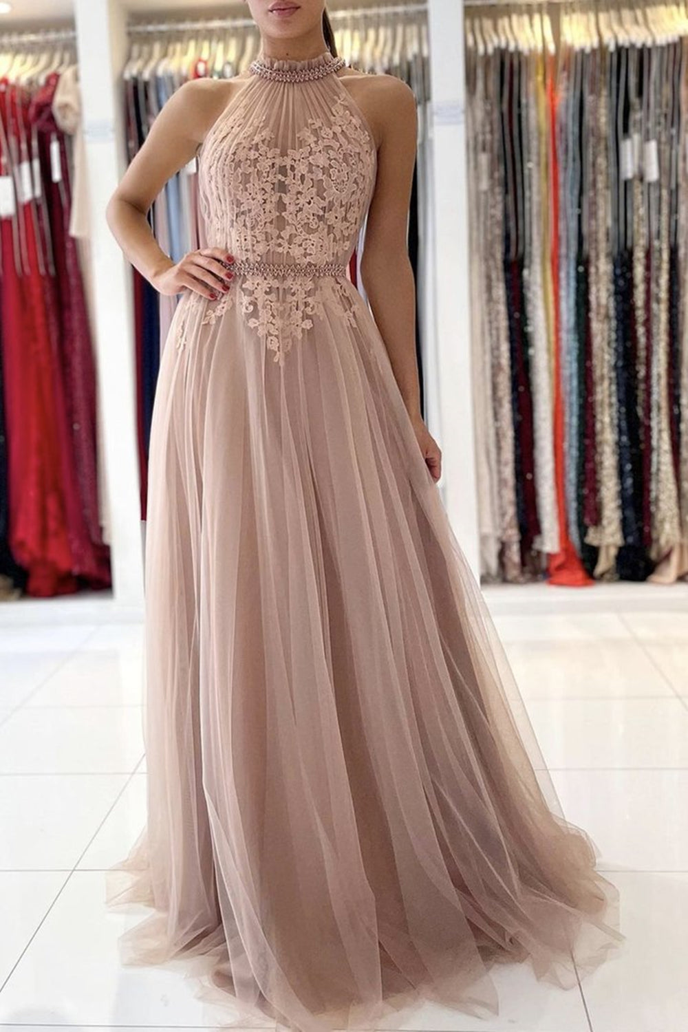 Unthony - A Line Pink Lace Long Prom Dress with Belt
