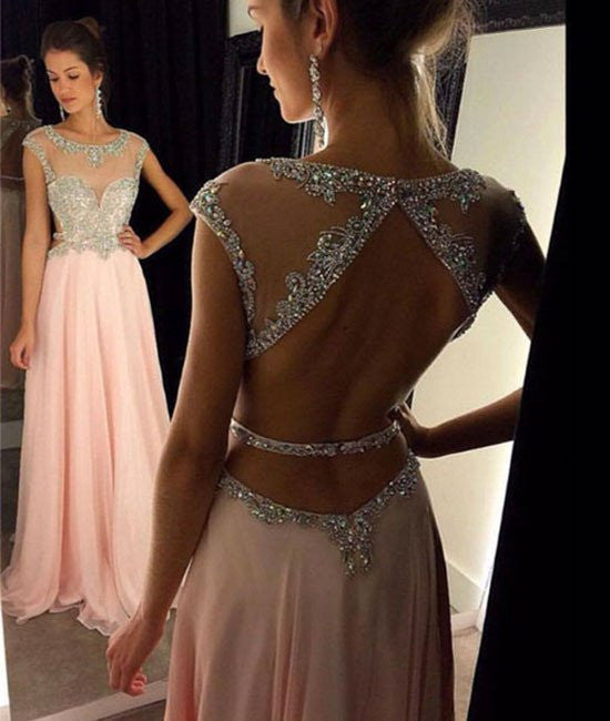 Unthony - Round Neck Open Back Sequins Pink Prom Dresses