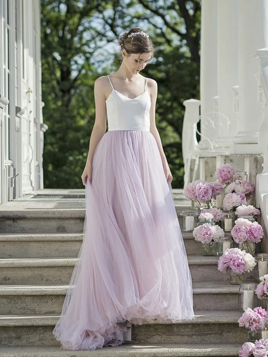 Unthony - Sexy A Line Spaghetti Straps Open Back White Top Purple Prom Dresses