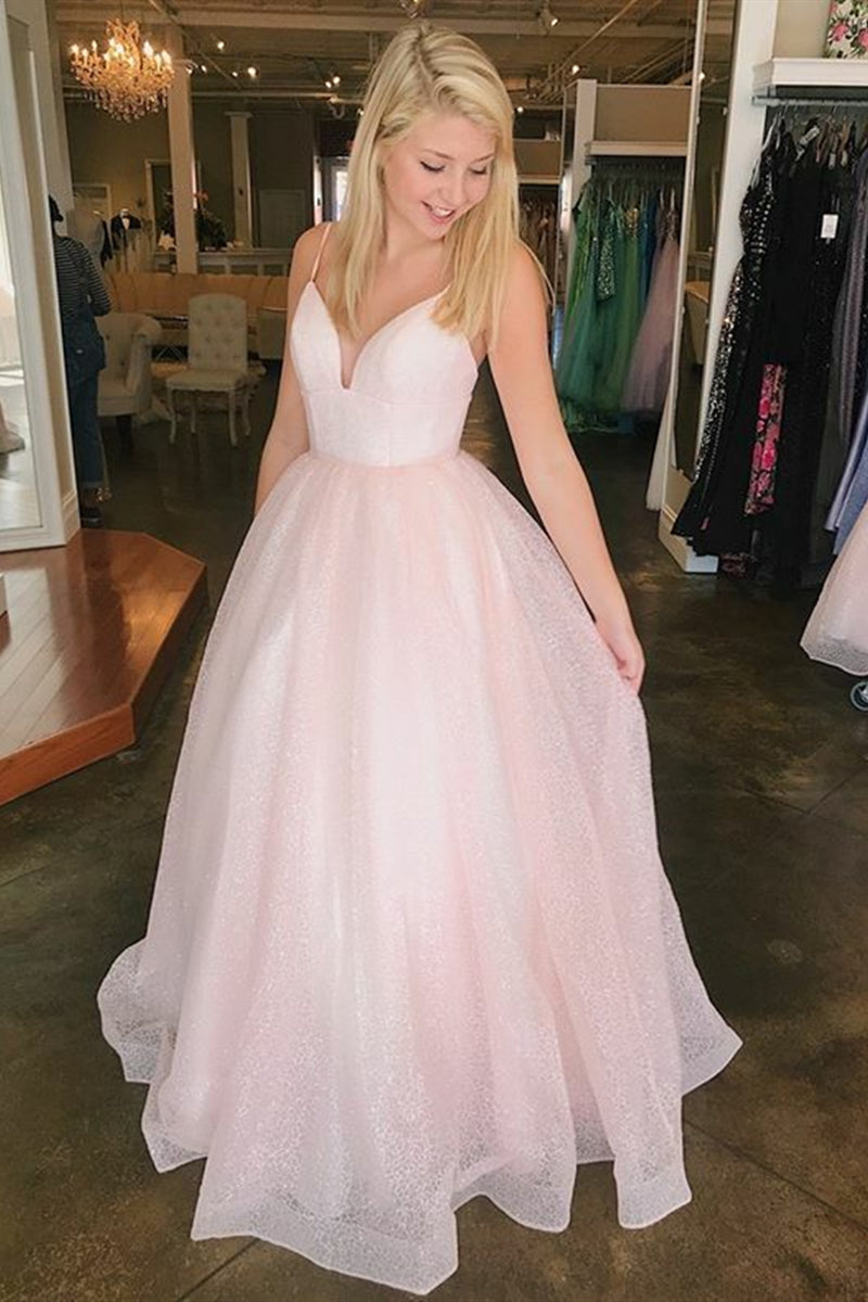 Unthony - Sparkly A Line V Neck Pink Long Prom Dress