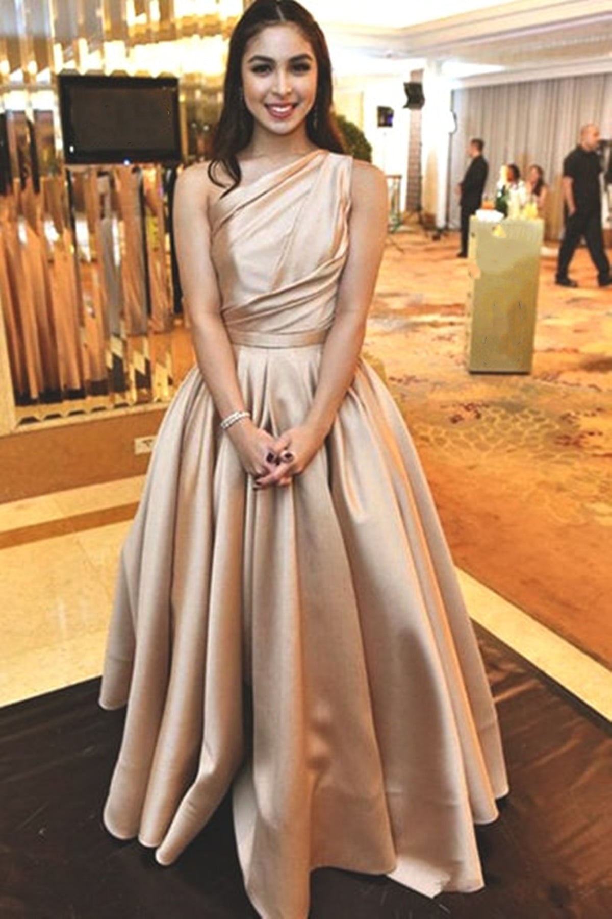 Unthony - One Shoulder Champagne Satin Long Prom Dress