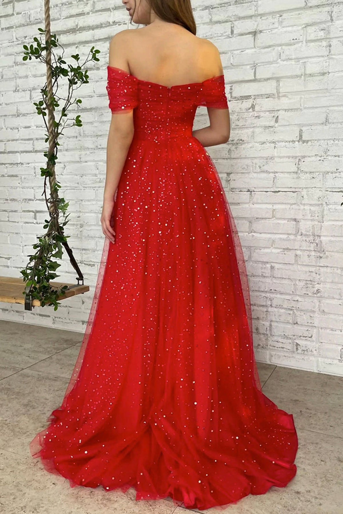 Unthony - Off Shoulder Red Tulle Sequins Long Prom Dress