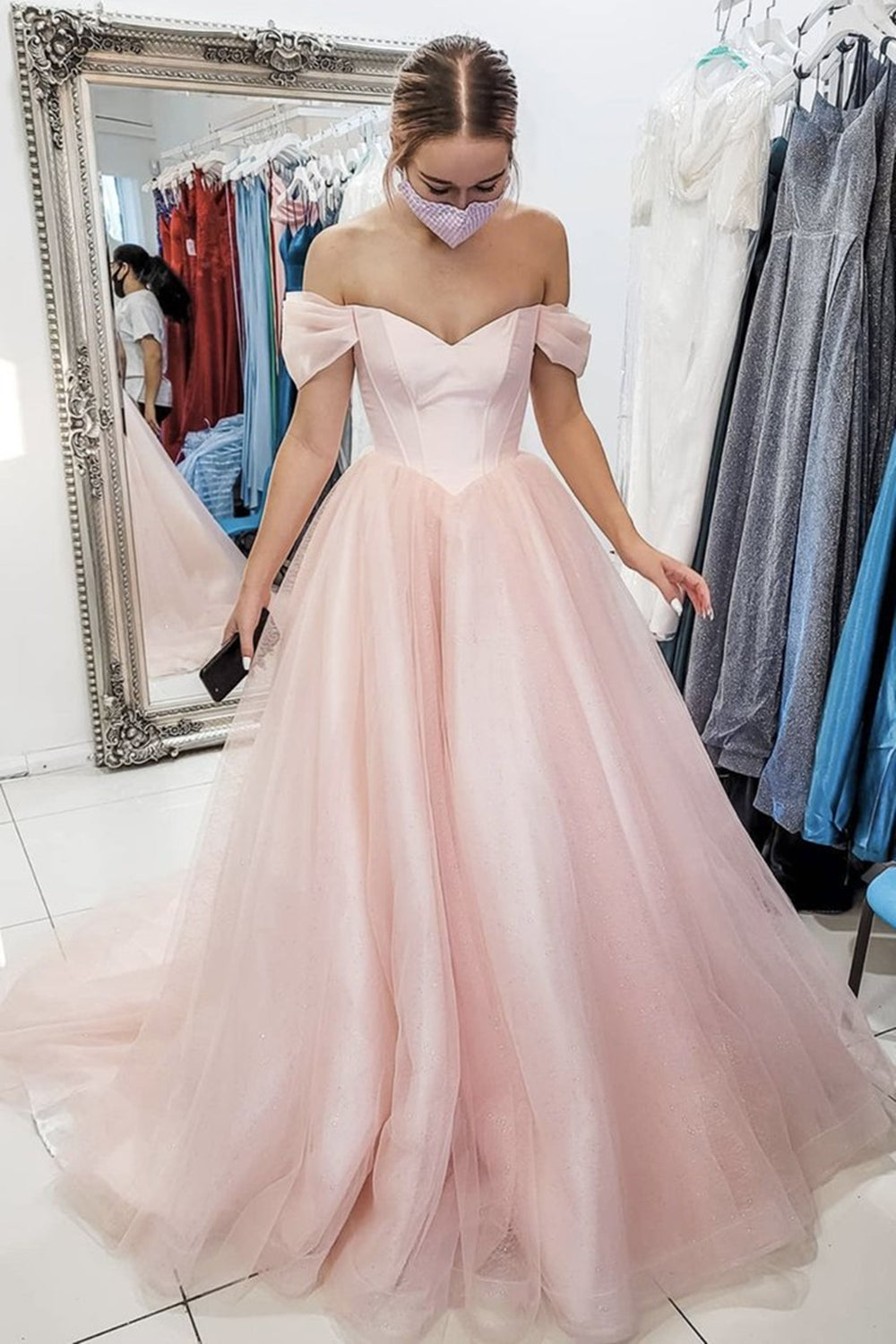 Unthony - Off Shoulder Pink Tulle Long Prom Dress