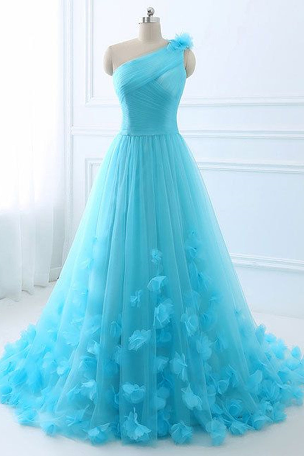 Unthony - One Shoulder Blue 3D Flowers Long Prom Dress