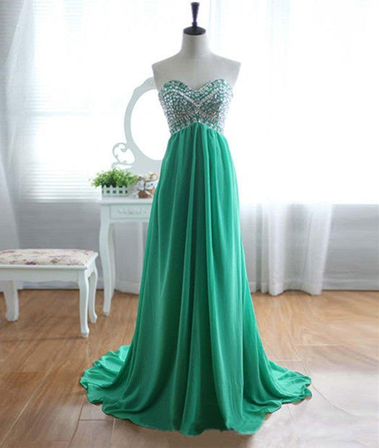 Unthony - A-Line Strapless Sweetheart Neck Green Chiffon Long Prom Dresses