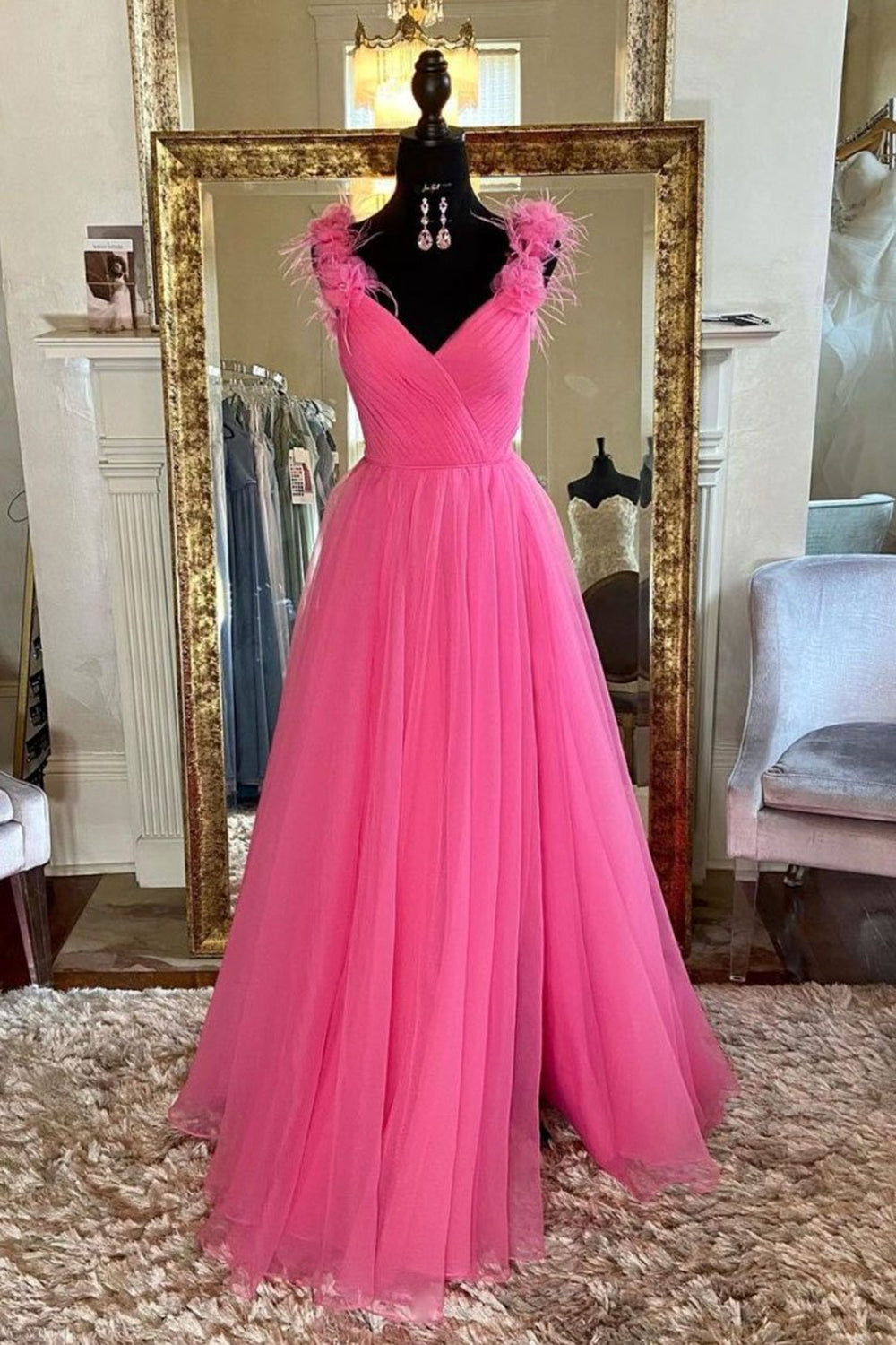 Unthony - A Line V Neck Hot Pink Tulle Long Prom Dress with Slit