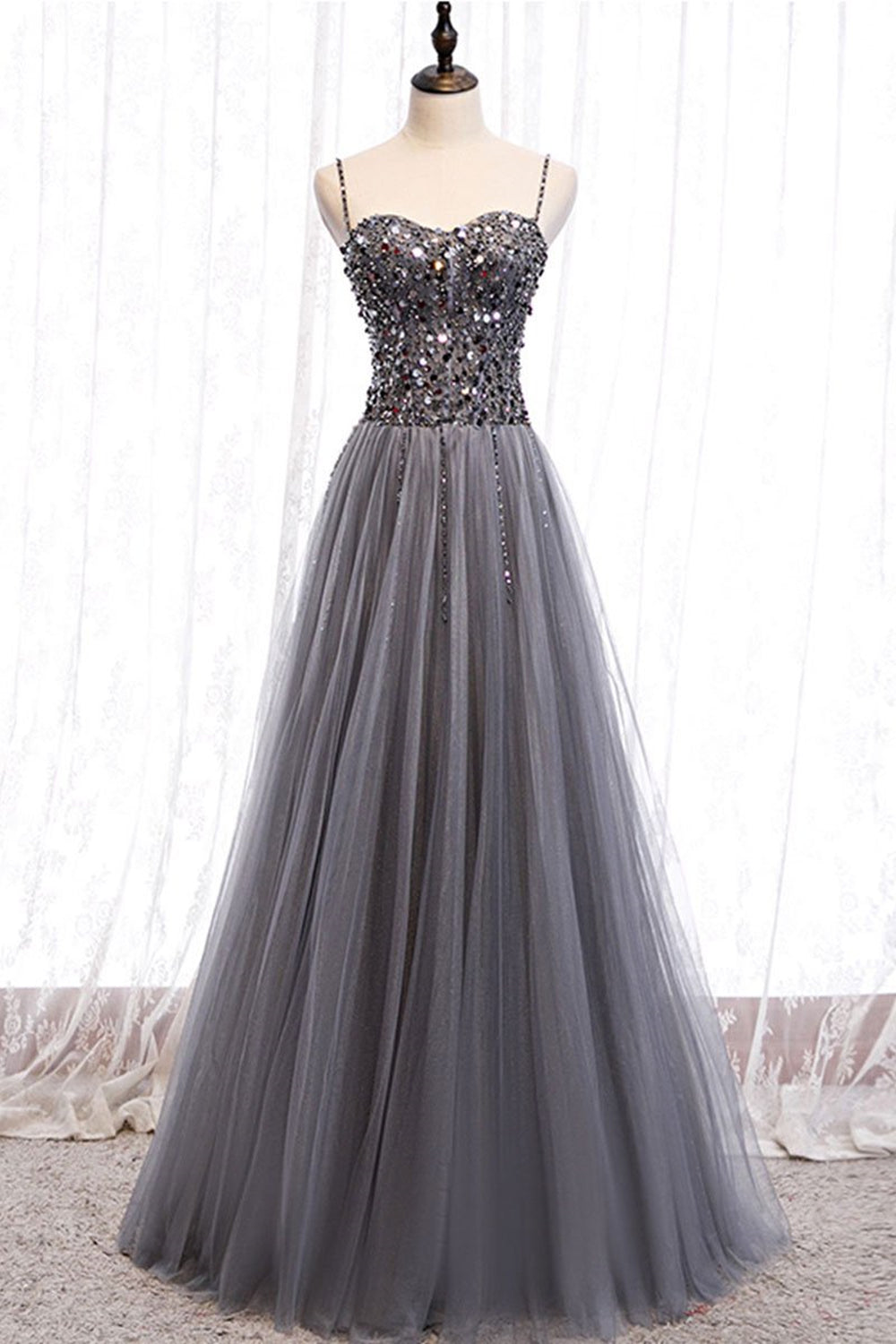 Unthony - Sweetheart Neck Grey Sequins Tulle Long Prom Dress