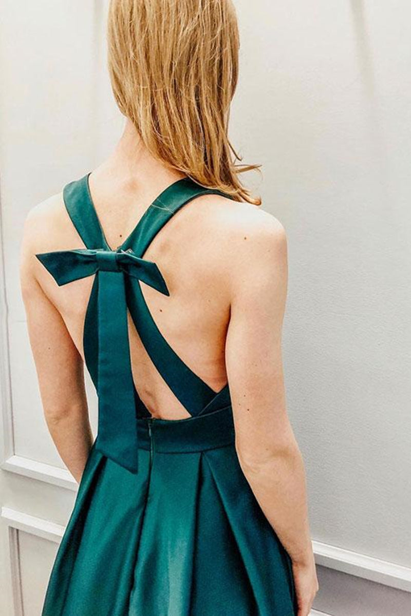 Unthony - A Line V Neck Green Satin Long Prom Dress