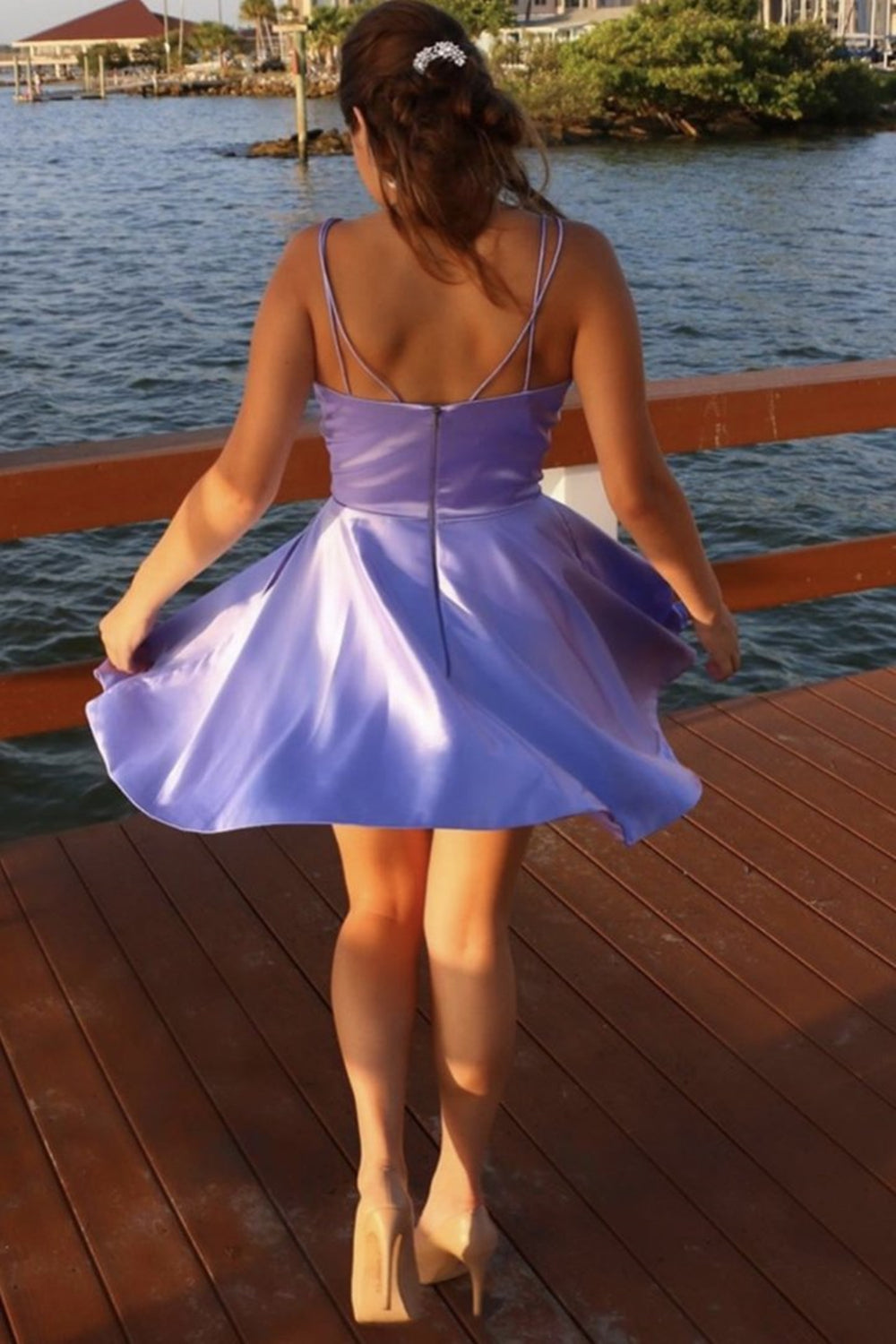 Unthony - A Line V Neck Open Back Short Purple Prom Homecoming Dress