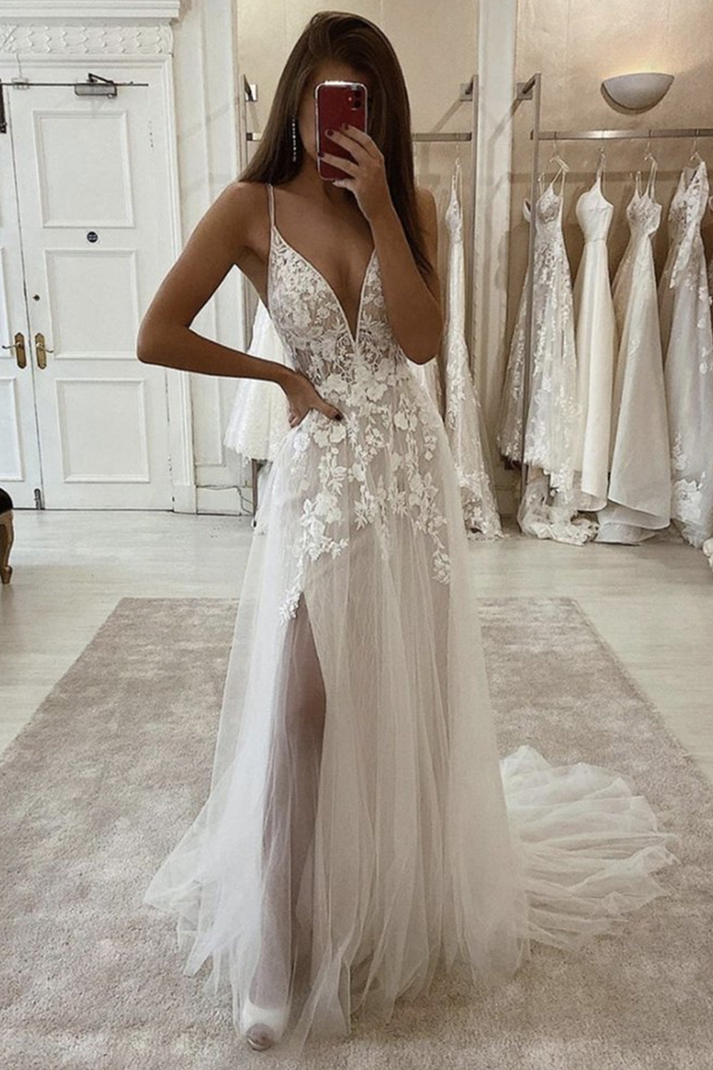 Unthony - A Line Ivory Lace Long Prom Dress with Slit