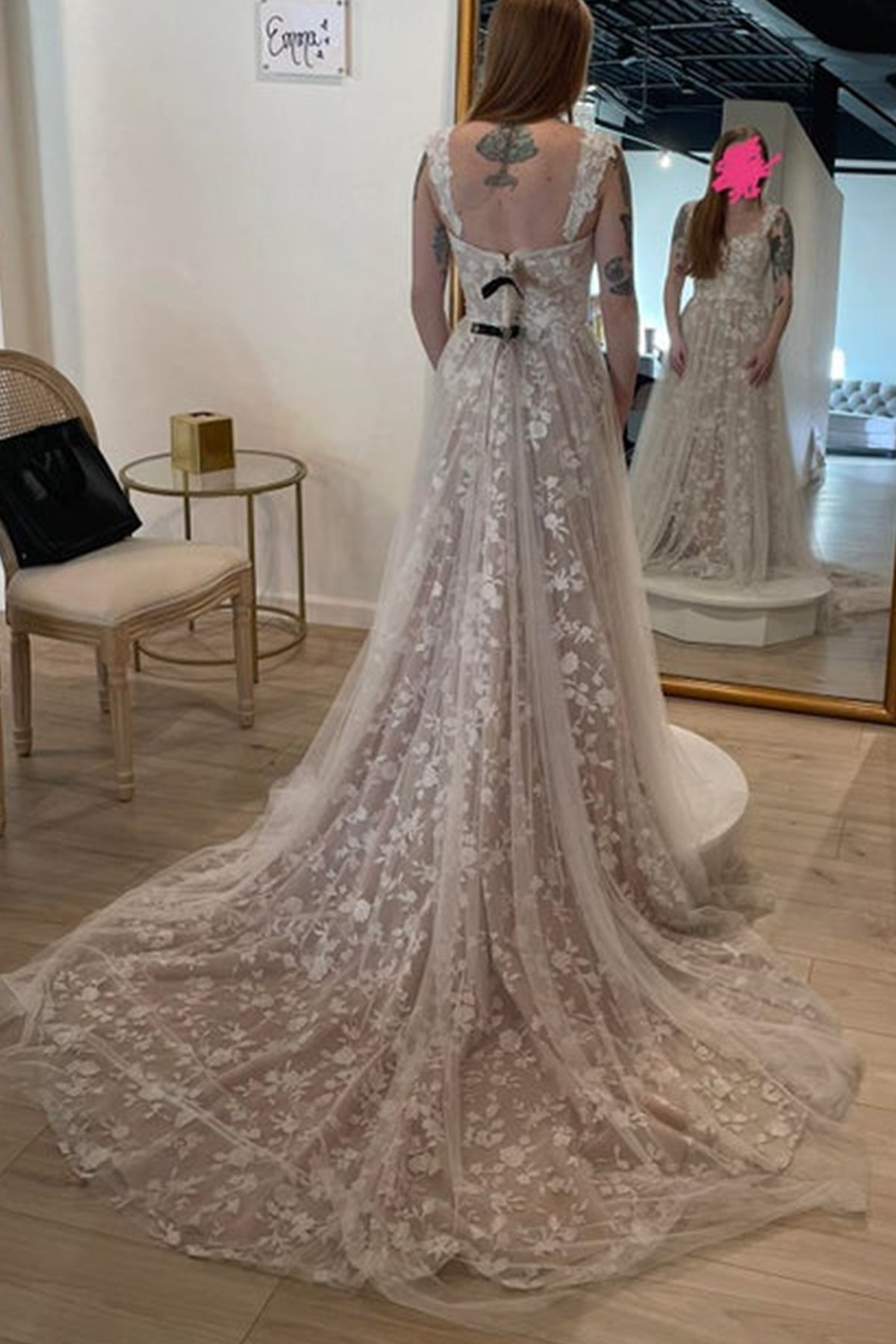 Unthony - Sweetheart Neck Open Back Champagne Lace Long Prom Wedding Dress with Train