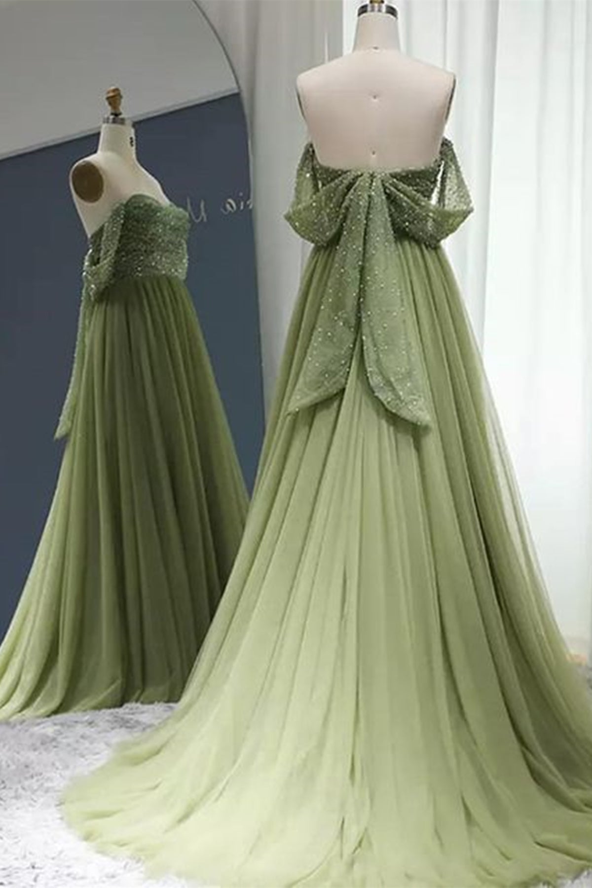 Unthony - Off the Shoulder Beaded Green Tulle Long Prom Dress