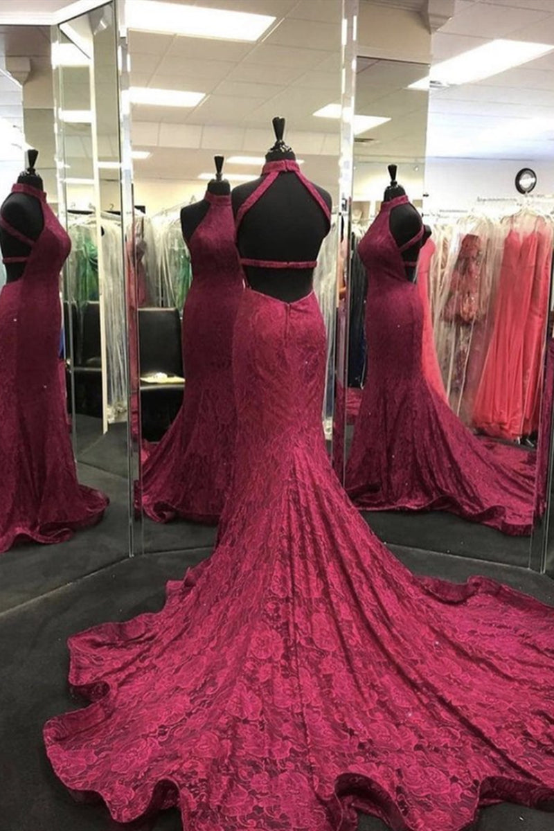 Unthony - High Neck Backless Burgundy Lace long Prom Dress