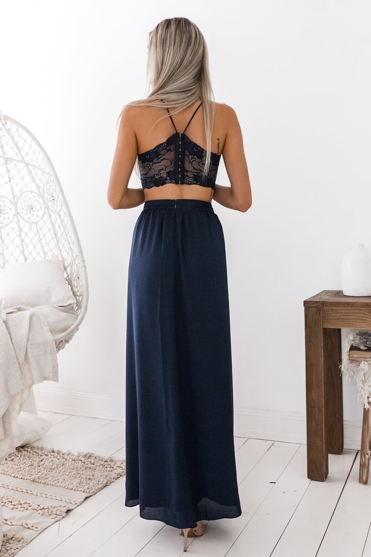 Unthony - Elegant A Line V Neck Two Pieces Navy Blue Lace Prom Dress with Slit