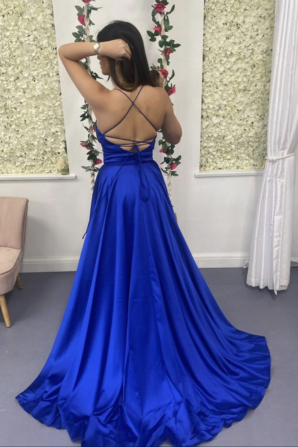 Unthony - A Line V Neck Backless Royal Blue Satin Long Prom Dress