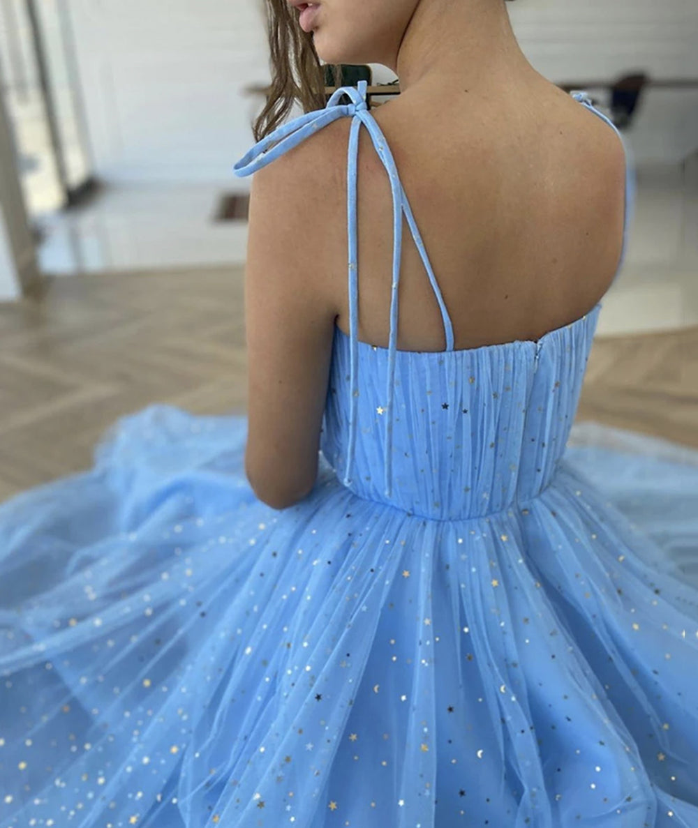 Unthony - Spaghetti Straps Sequins Blue Tea Length Prom Dress