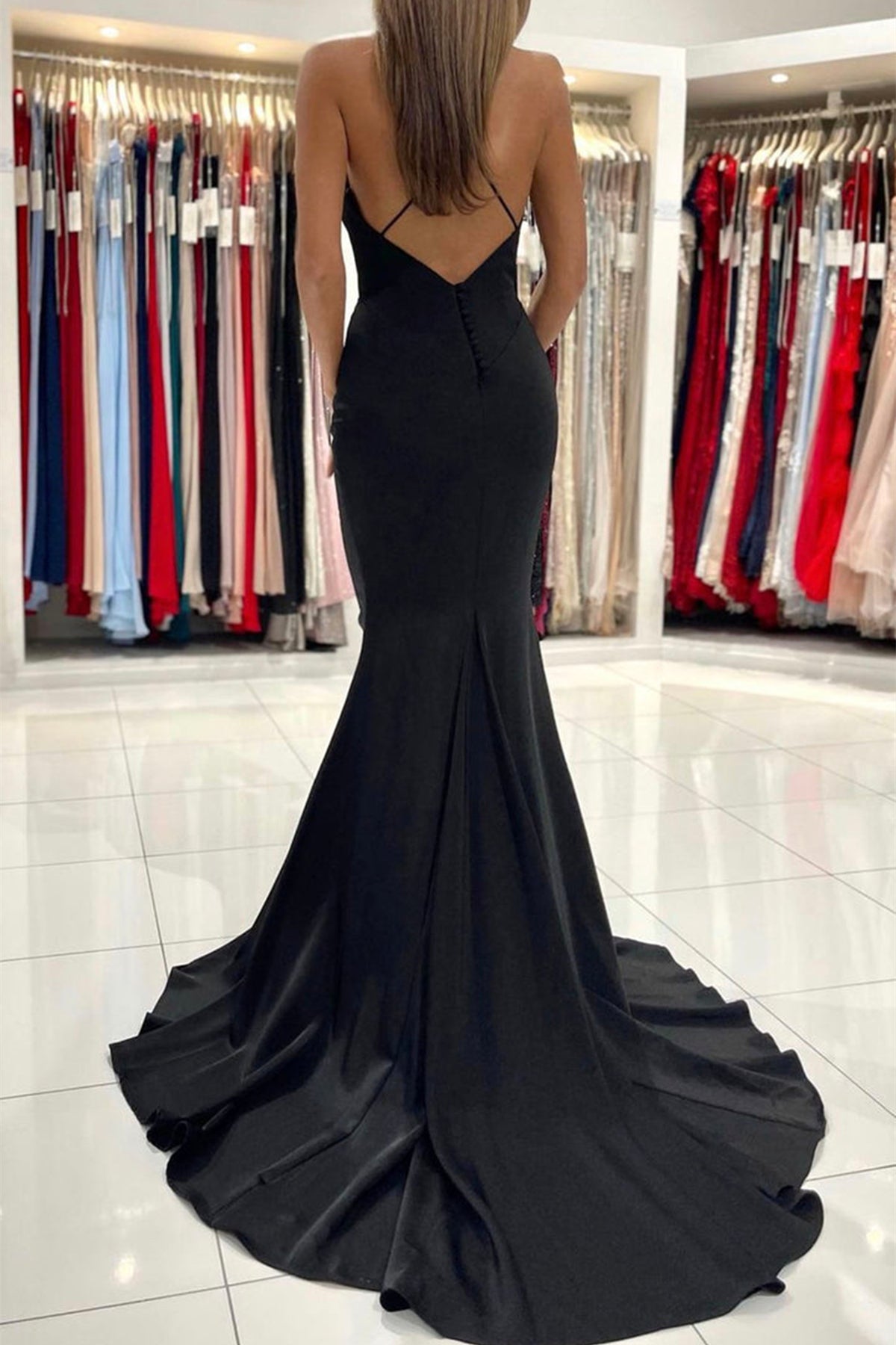 Unthony - Mermaid V Neck Backless Black Long Prom Dress