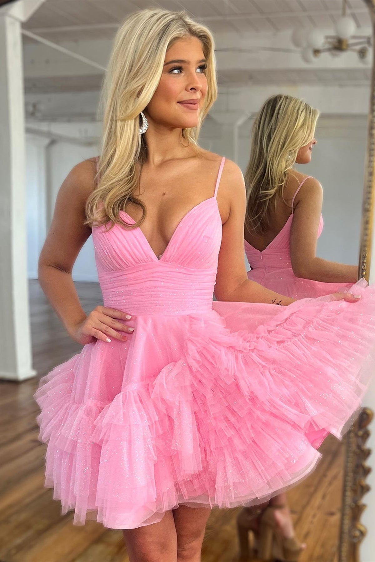 Unthony - V Neck Pink Tulle Prom Dresses