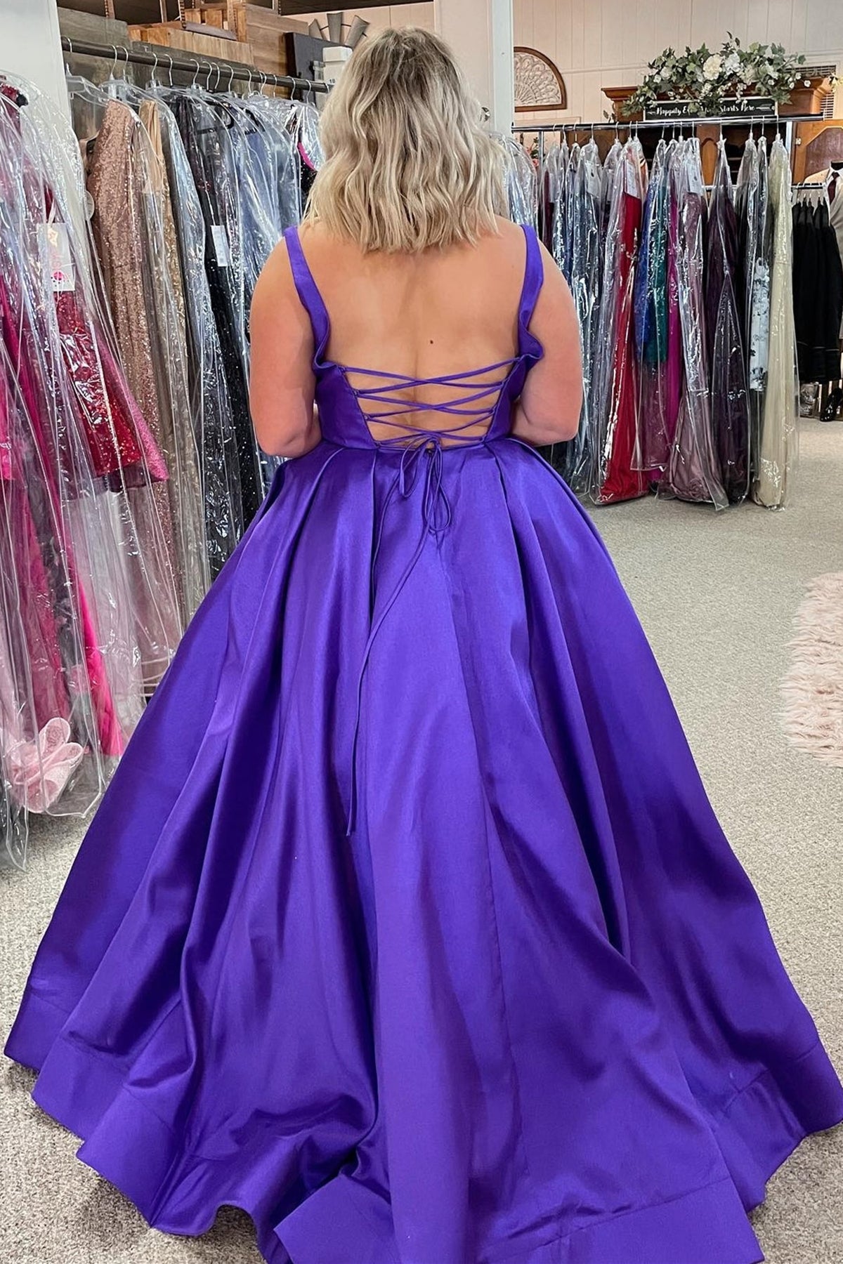 Unthony - A Line Backless Purple Satin Long Prom Dress