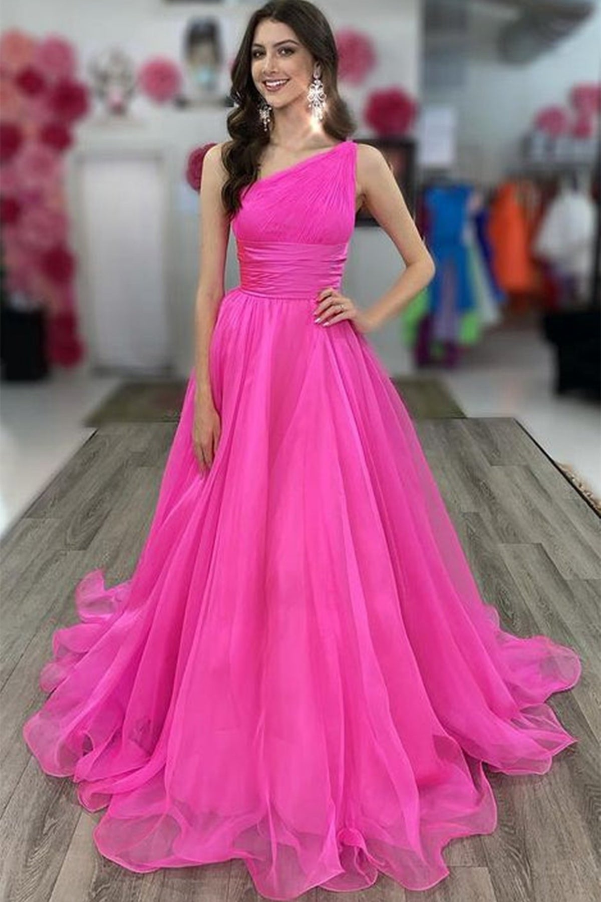 Unthony - One Shoulder Hot Pink Tulle Long Prom Dress